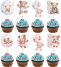 Gyufise 32Pcs Baby Shower Bear Cupcake Toppers Moon Baby Bear Baby Shower Cake Topper Decorations Jungle Animal Theme Birthday Party Cake Supplies Blue Pink