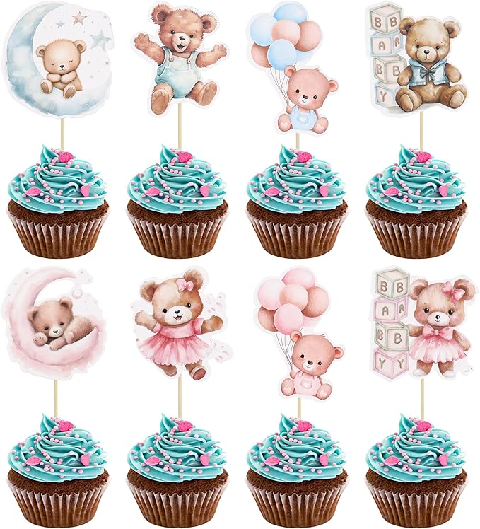 Gyufise 32Pcs Baby Shower Bear Cupcake Toppers Moon Baby Bear Baby Shower Cake Topper Decorations Jungle Animal Theme Birthday Party Cake Supplies Blue Pink