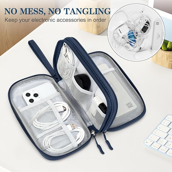 FYY Electronic Organizer, Travel Cable Organizer Bag Pouch Electronic Accessories Carry Case Portable Waterproof Double Layers Storage Bag for Cable, Cord, Charger, Phone, Earphone, Medium Size, Navy