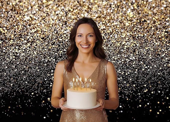Dudaacvt 8x6FT Black and Gold Backdrop Gold Glitter Paint Banner Golden Bokeh Spot Starry Sky Wedding Adult Baby Children Family New Year Party Backdrop