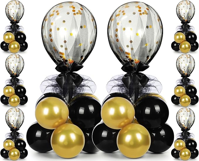 BBTO 8 Set Table Centerpieces Balloons Stand Kit, 80 Pcs Latex Balloons and Table Stand Holder with Base Tulle for Wedding Birthday Baby Shower Party(Black, Gold)