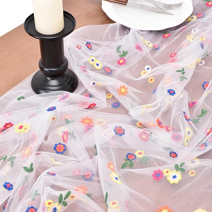 Joanlody Ivory Embroidery Daisy Spring Summer Table Runner 10ft Florals Seasonal Easter Tulle Table Runner Holiday Kitchen Dining Table Decoration for Home Party Indoor