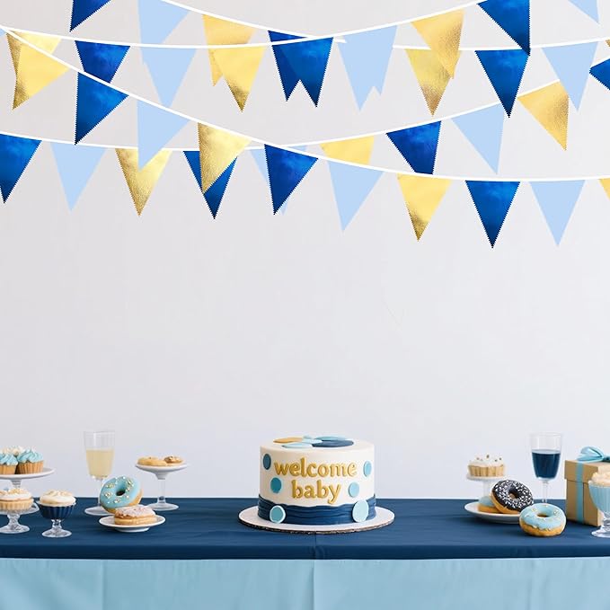 Gold Blue Party Decoration Gradient Blue and Gold Triangle Pennant Banner Flag Metallic Fabric Bunting Garland for Nautical Ahoy Achor Birthday Graduation Retirement Wedding Baby Shower Party Supplies