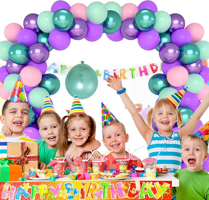 Patimate Mermaid Party Balloons Set, 50 pcs 12 inch Pastel Purple Pink Green Metallic Purple Green Latex Balloons Kit for Girls Mermaid Birthday Baby Shower Under The Sea Party Decorations