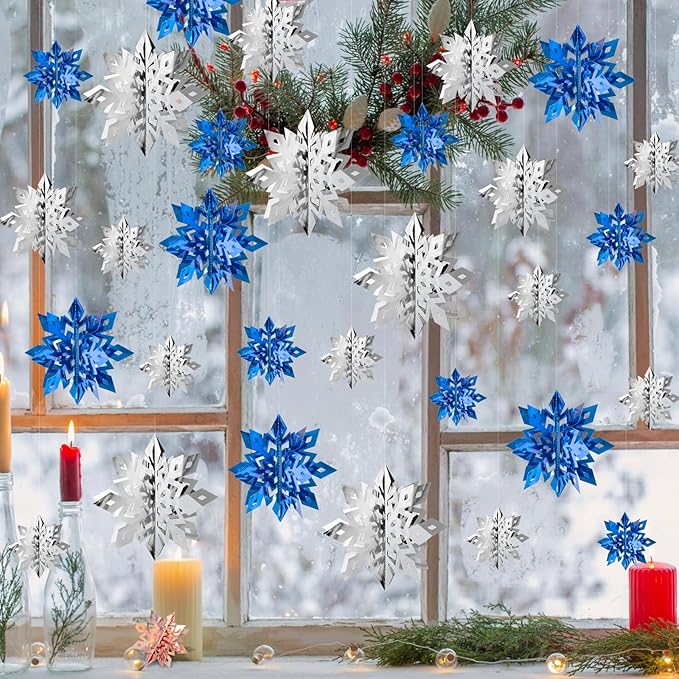 OuMuaMua Winter Christmas Snowflake Decorations Indoor, 36PCS 3D Silver Blue Snowflakes Christmas Hanging Ornaments for Home Xmas Holiday Winter Wonderland New Year Party Decor Supplies