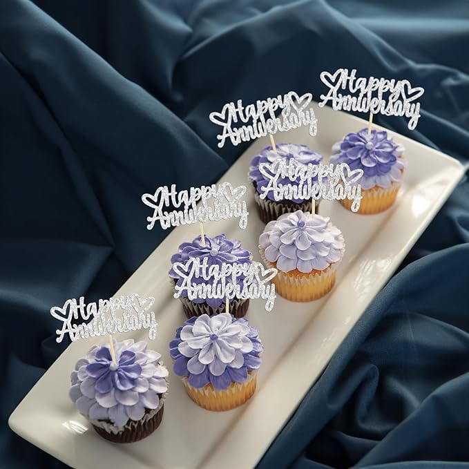 Gyufise 24Pcs Glitter Happy Anniversary Cupcake Toppers Anniversary Party Supplies Cake Decoration Wedding Celebration Party Decoration Supplies Silver