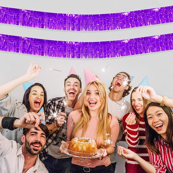 12 Pack 10 Feet Metallic Foil Fringe Garland Tinsel Streamers Banner, Purple Wall Hanging Tinsel Fringe Banners for Parade Floats, Wedding, Birthday, Christmas, New Year Party Decorations