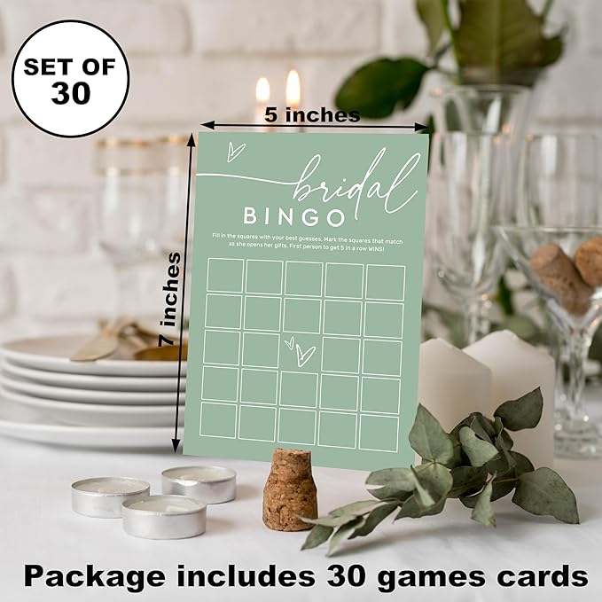 Bridal Bingo Game Cards, Sea Green Bridal Shower Games, 30 Elegant Wedding Game for Bachelorette Engagement Party Reception Supplies - A15