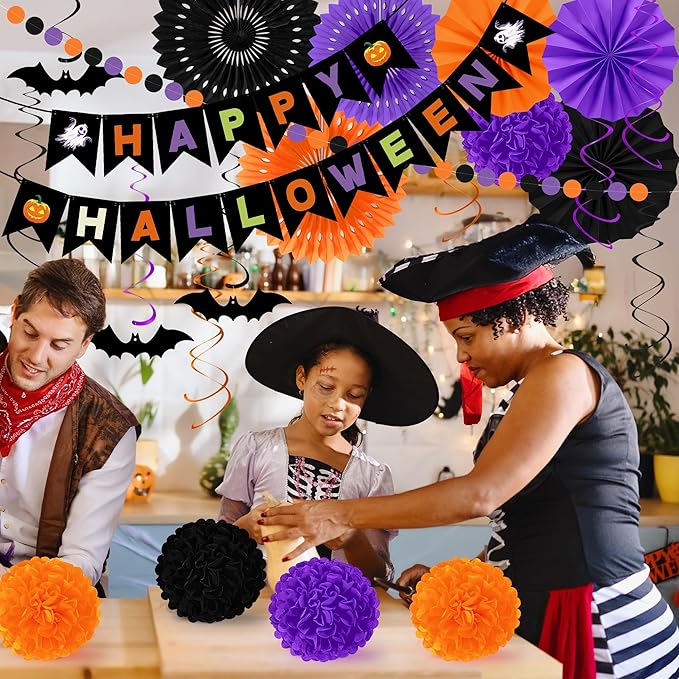 26PCS Halloween Party Decorations, Purple Black Orange Paper Fans Set, Halloween Pompom Banner Garland Fans Hanging Swirls for Trick or Treat Party Decor Accessories Indoor Outdoor Home Decorations