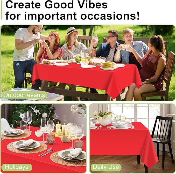QIKSION Red Plastic Table Cloth Disposable 2 Pack, 54 x 108 Inch Tablecloths for Valentines, Mothers Day, Birthday Party, Christmas Decorations, Rectangle Table Cover