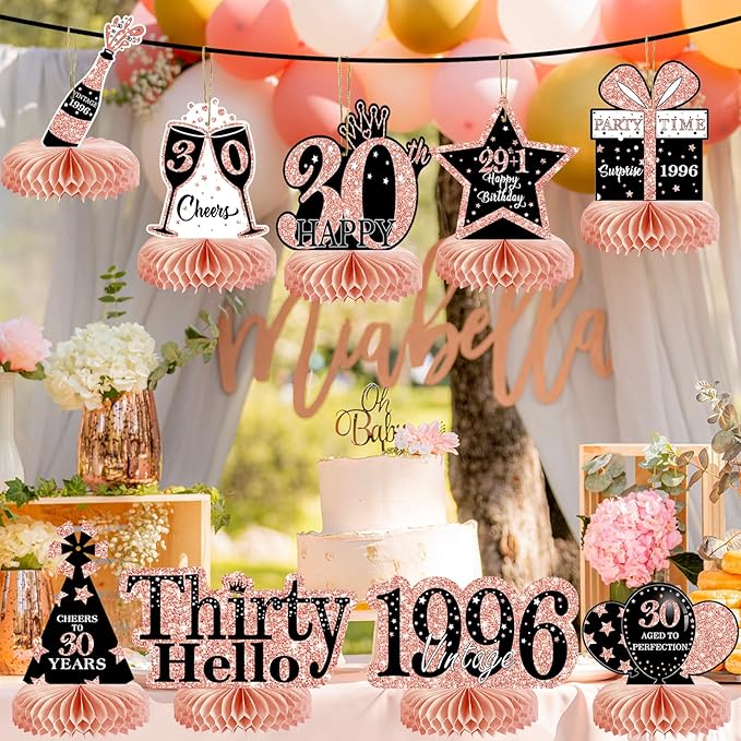 9Pcs 30th Birthday Decorations Honeycomb Centerpieces for Women, Rose Gold Pink Happy 30th Birthday Centerpieces Tables Toppers Party Decorations Supplies, Vintage 1996 Aged Table Sign Decor