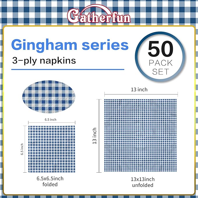 Gatherfun Disposable Paper Napkins Blue and White Gingham for Dinner Picnic and Parties (Pack of 50)
