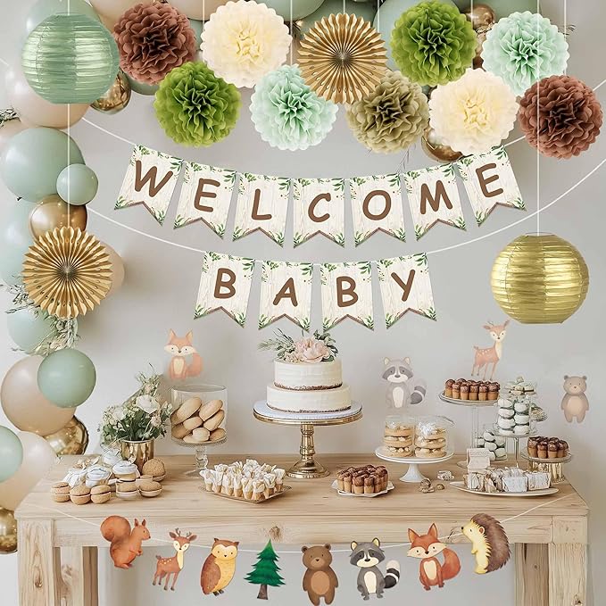 Kriyokiaa Woodland Baby Shower Decorations 15 Pcs Baby Shower Decorations with Welcome Baby Banners Paper Lantern Paper Flower Pom Poms Perfect for Indoor & Outdoor Celebrations