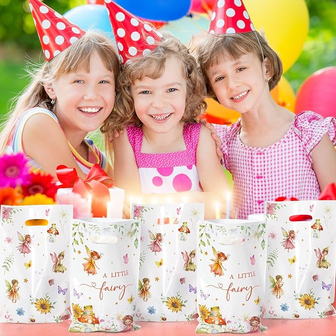Fairy Party Favor Bags - 50Pcs A Little Fairy Goody Candy Treat Gifts Bags, Watercolor Floral Girls Themed Party Decorations for Kids Baby Girls Birthday Baby Shower Garden Events Supplies