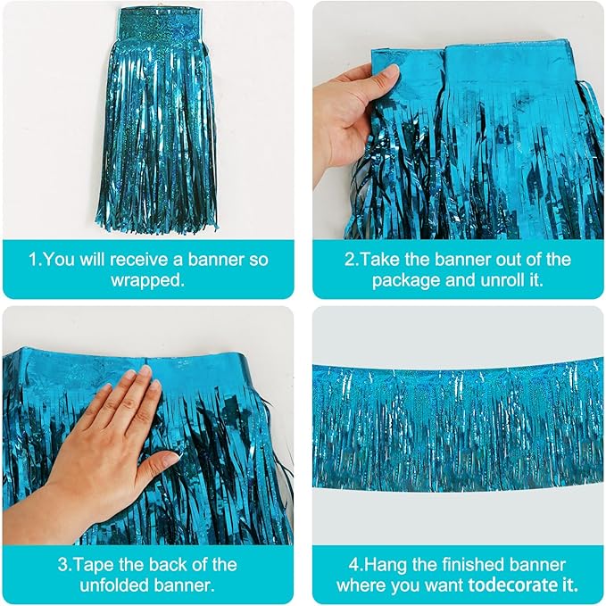 BEISHIDA 3 Packs Metallic Foil Fringe Garland Laser Lake Blue Wall Hanging Tinsel Fringe Banners for Car Floats Bridal Shower Wedding Birthday Easter Graduation Holiday Party Decoration(30 Feet)