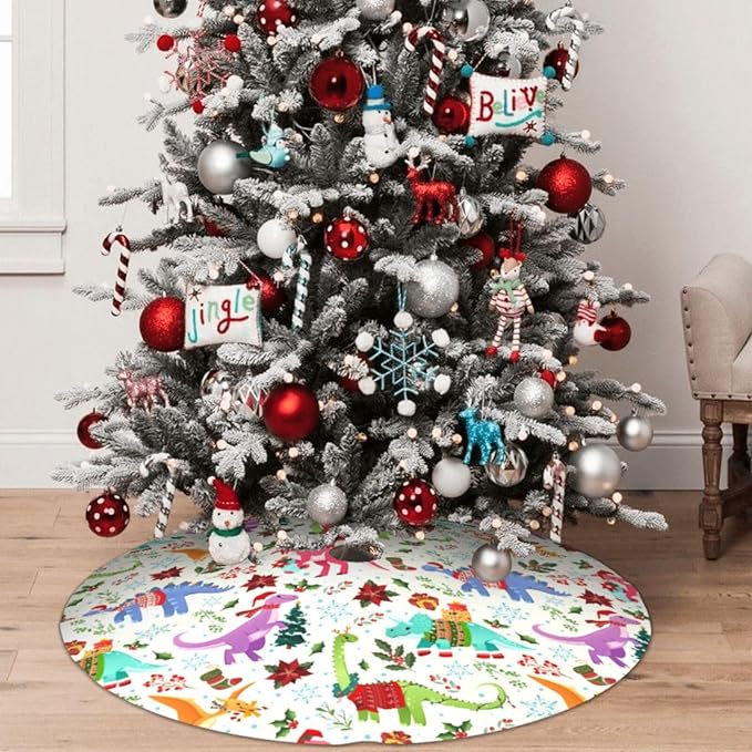 Cute Dinosaur Christmas Tree Skirt Xmas Tree Mat Halloween Christmas Tree Ornaments Decorations Holiday Party Indoor Outdoor 30"