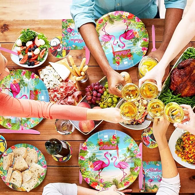 175 Pcs Aloha Tropical Flamingo Party Supplies Set - Serves 25, Hawaiian Luau Disposable Tableware, Includes Plates, Cups, Napkins, Forks, Spoons, Knives for Summer Beach Birthday Pool Decorations