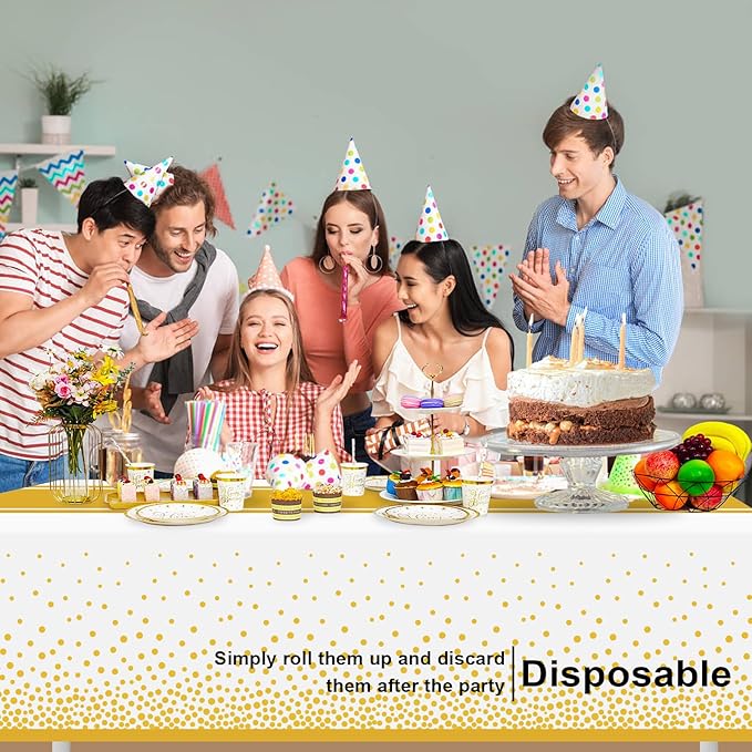 12 Pack White and Gold Tablecloth Party Decorations Plastic White Tablecloth Printed Gold Table Runner 54 x108 Inch Disposable Rectangle Table Cover for Birthday Wedding Graduation