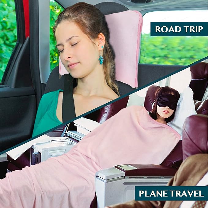 PAVILIA Travel Blanket Pillow, Soft Airplane Blanket 2-in-1 Combo Set, Plane Blanket Compact Packable, Flight Essentials Car Pillow, Travelers Gifts Accessories, Luggage Backpack Strap, 60x43 Pink