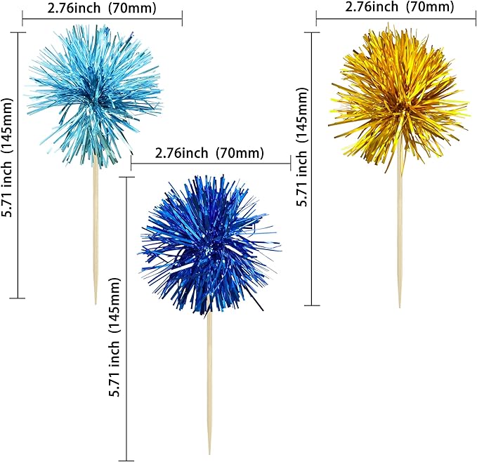 Gyufise 30Pcs Foil Firework Cupcake Toppers Sparkle Tinsel Cake Toppers Tinsel Drink Cake Decoration Cocktail Picks for Birthday Wedding Graduation Party Supplies Gold Light Dark Blue