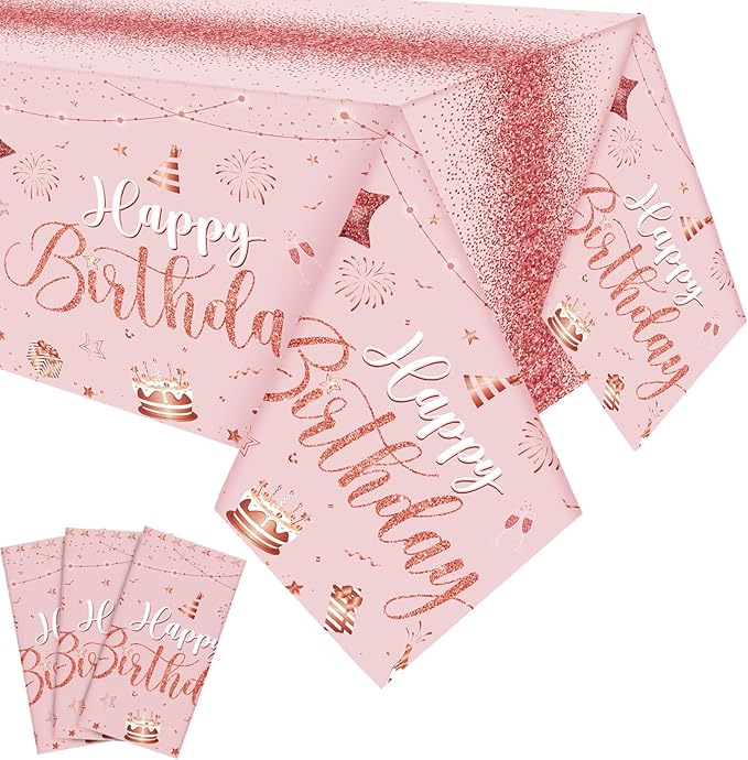 Tudomro 3 Pcs Happy Birthday Tablecloths Happy Birthday Party Decorations Plastic Table Cover Rectangular Cloths for Women Men Baby Shower Party Supplies, 108 x 54 Inch (Pink Rose Gold)