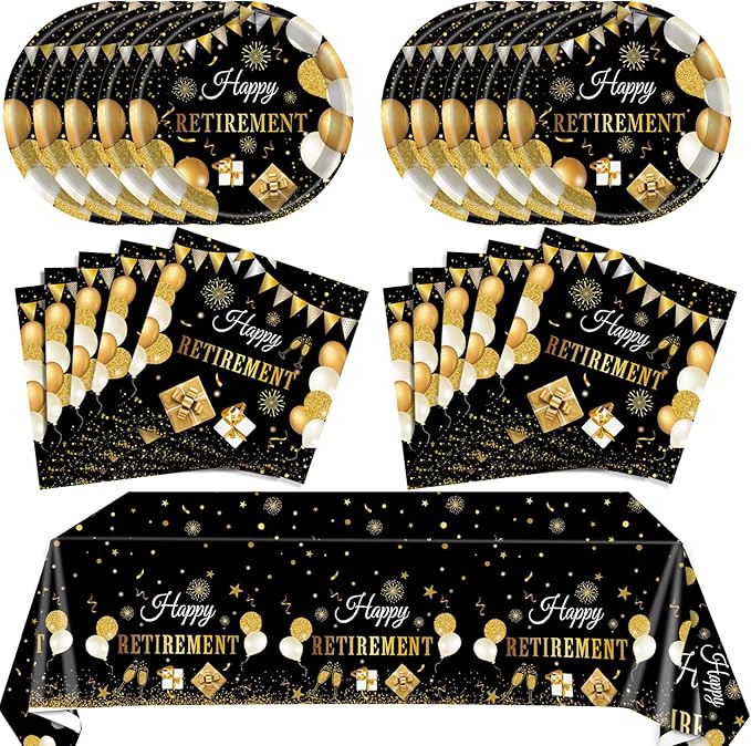 41PCS Retirement Decorations For Men Black and Gold Disposable Tablerware Decoration Favors Including Napkins Plates Tablecloth Set for Women Men Serves 20