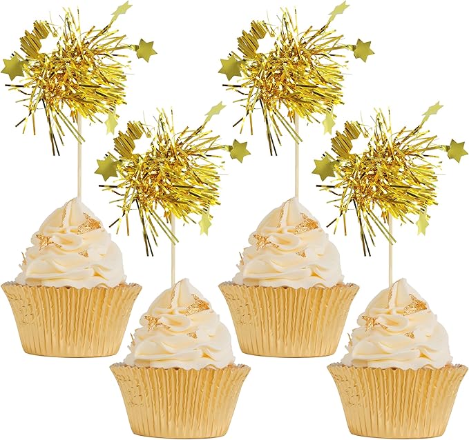 Gyufise 30Pcs Star Foil Firework Cupcake Toppers Sparkle Tinsel Cake Toppers Tinsel Drink Cake Decoration Cocktail Picks for Birthday Wedding Graduation Party Supplies Gold