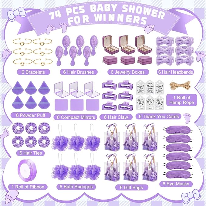 74Pcs Baby Shower Prizes for Game Winners Baby Shower Favors Gifts including Headband Hair Brush Jewelry Box with Gift Bag for Baby Shower Game Prizes Wedding Bridal Shower Favors (Purple)