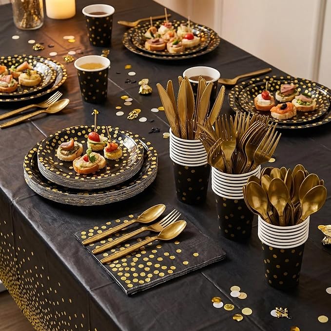 176 Pieces Gold Disposable Party Dinnerware Set &Golden Dot Disposable Party Dinnerware - Black Paper Plates Napkins Cups, Gold Plastic Forks Knives Spoons