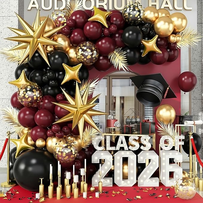 Black Burgundy Gold Balloons Arch Kit, Maroon Black Gold Balloons Arch Garland, 98Pcs Black Red Metallic Gold Balloons with Stars Balloon for Birthdays Retirement Graduation Celebrations Class of 2025