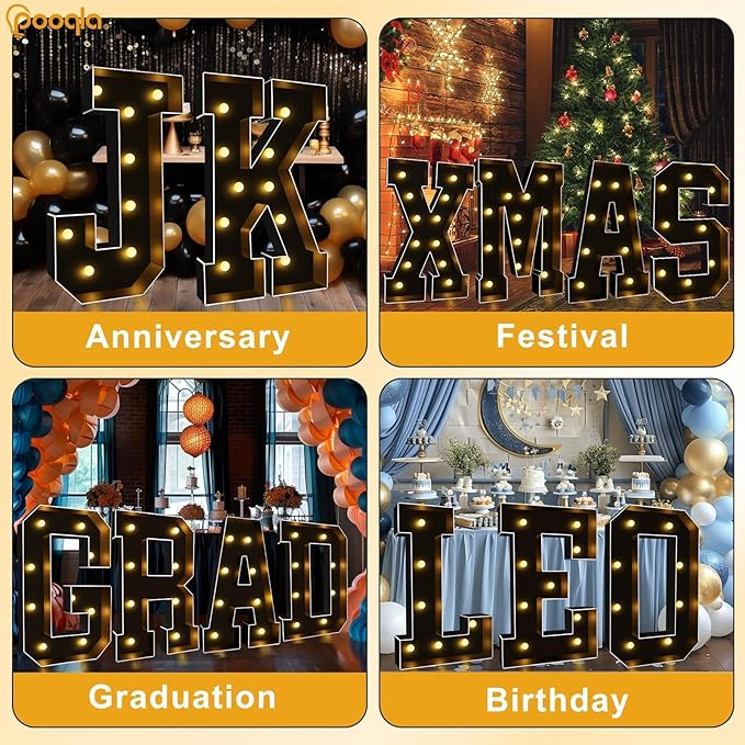 Pooqla 3 FT Marquee Light Up Letters, Black Marquee Letter Lights 3 Feet Tall, Giant LED Sign Big Mosaic Letters for Balloons Birthday Party Anniversary Wedding Decorations, Black Warm White B