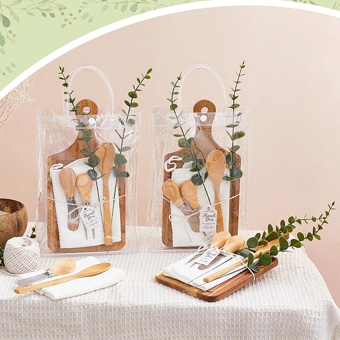 Baby Shower Prizes for Game Winners Bamboo Cheese Board Spoon Fork Butter Spreaders Plaid Towel Thank You Card and Gift Bags for Baby Shower Wedding Bridal Shower Favors (Acacia, 12 Sets)