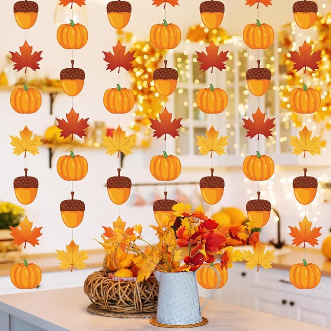 Xinnun 8 Pcs Fall Hanging Decorations Thanksgiving Ceiling Hanging Decor Fall Maple Leaf Pumpkin Acorn Paper Banner Autumn Garland Backdrop for Thanksgiving Party Indoor Outdoor Wall Door Decor