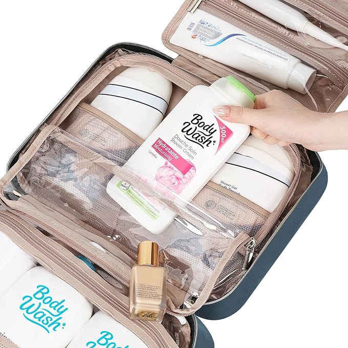 NISHEL Travel Toiletry Bag for women, Portable Hanging Organizer for Family-Sized Shampoo, Conditioner, Brushes Set, Makeup Accessories, Extra Large Size, Lake-Blue