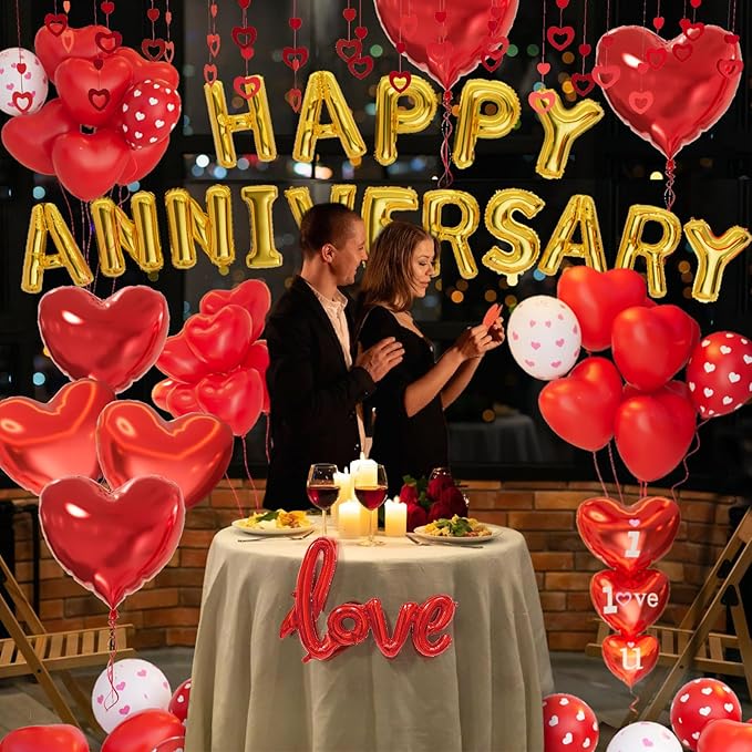 Happy Anniversary Decorations, Red Heart Balloons, Happy Anniversary Banner, Heart Hanging String, Rose Petals, Romantic Decor for Wedding, Valentines Day