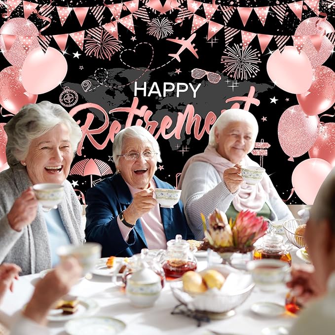 Mocsicka Happy Retirement Backdrop Pink Rose Gold Balloons Women Happy Retirement Banner Party Decorations Photo Booth Props (Pink, 8x6ft)