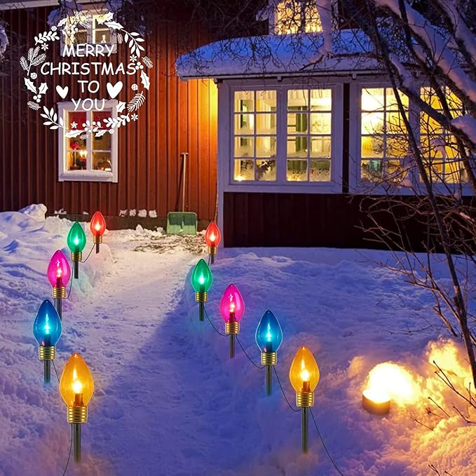 2 Pack Christmas Lights Jumbo C9 Outdoor Lawn Decorations with Pathway Marker Stakes, Total 21Ft 10 LED C7 Lights Covered Jumbo Glitter Multicolor Bulb for Holiday Outside Yard Garden Decor