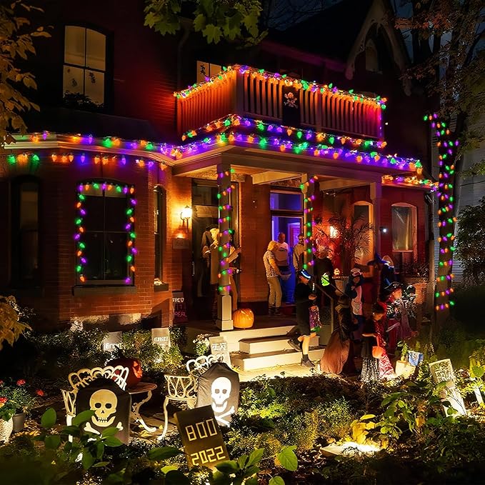 KAQ 2PK 100LED Orange Purple and Green C9 Halloween Lights Waterproof Indoor Outdoor, Extendable 98FT String Lights Plug in with 13 Lighting Modes, Halloween Decorations for Party, Outside Yard Decor