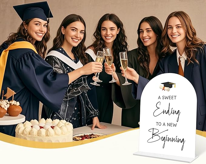 Graduation A Sweet Ending To A New Beginning Sign, 6 x 8 Inch White Arch Acrylic Grad Party Sign with Holder, Graduation Buffet Sign, Grad Decor, High School College Party Supplies - DL04