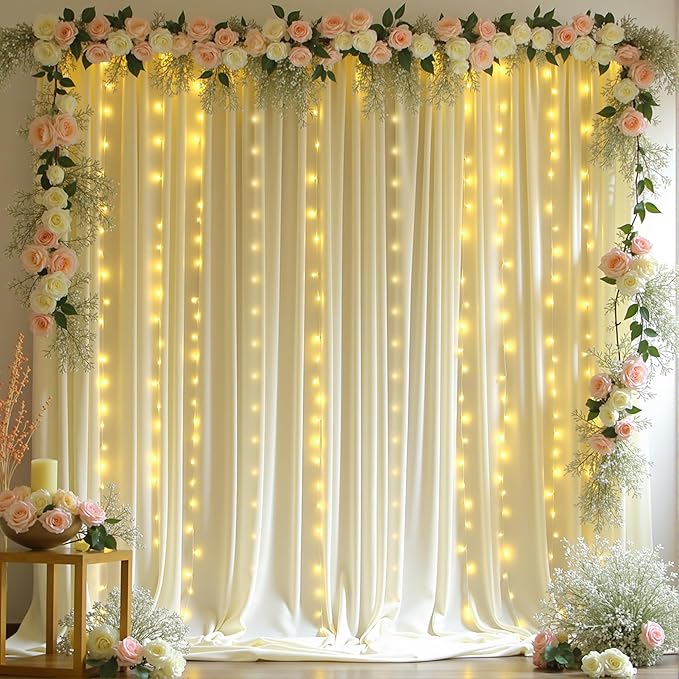 10 x 10ft Beige Backdrop Curtains with Lights String for Wedding Photo Background Drapes Wrinkle Free Polyester Curtain Backdrop for Baby Shower Birthday Parties Reception Ceremony - 5 x 10ft 2 Panels