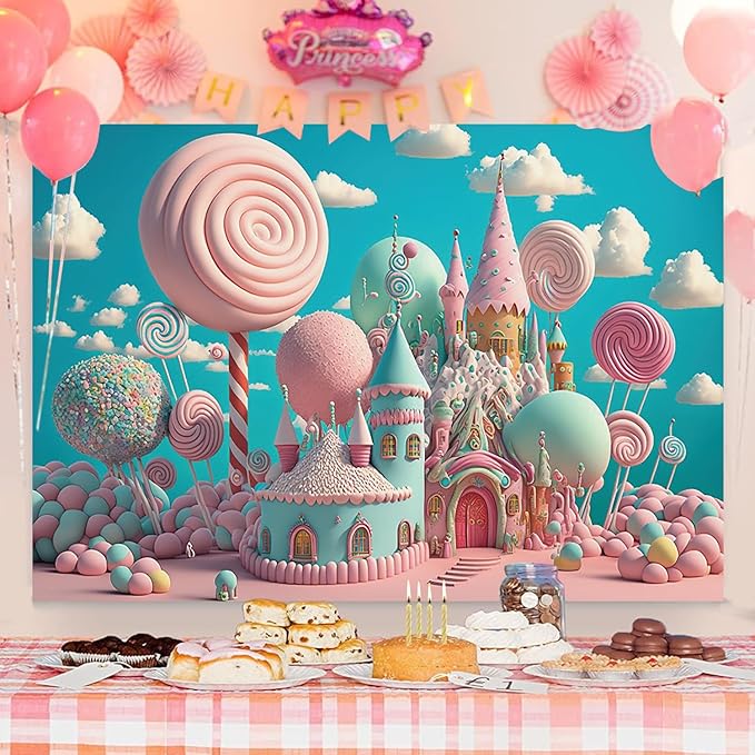 10x6.5ft Candyland Backdrop Fantasy Pink Sweet Candy Castle Photography Background Children's Birthday Party Candyland Theme Decorations Banner Photo Studio Props