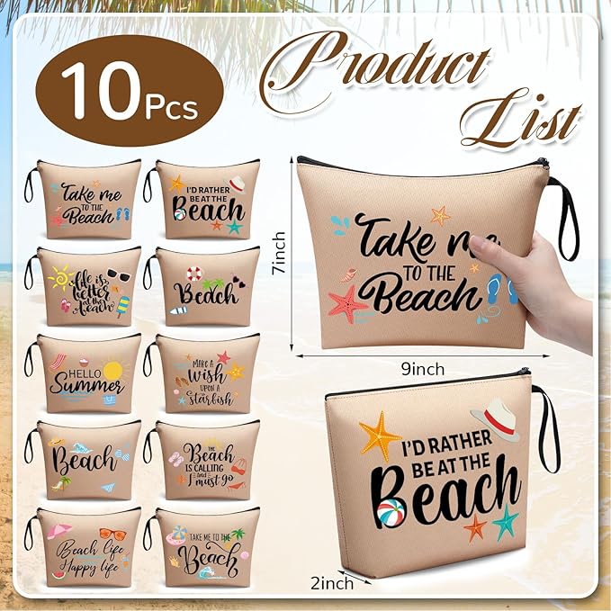 10 Pcs Beach Themed Cosmetic Bags Bulk Zipper Pouch Makeup Bag for Women Girls Sea Weekend Travel Vacation Trip Gifts Supplies Summer Party Favors Beach Accessories