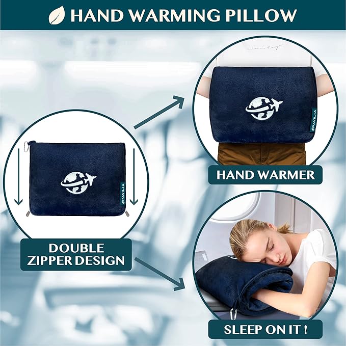 PAVILIA Travel Blanket and Pillow, Arms Opening Airplane Blankets for Adults, Compact Plane Blanket with Arm Hole 2-in-1 Bag for Flight Car Camping Fit in Luggage Backpack Traveler Gift, Navy Blue