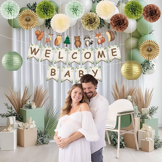 Kriyokiaa Woodland Baby Shower Decorations 15 Pcs Baby Shower Decorations with Welcome Baby Banners Paper Lantern Paper Flower Pom Poms Perfect for Indoor & Outdoor Celebrations