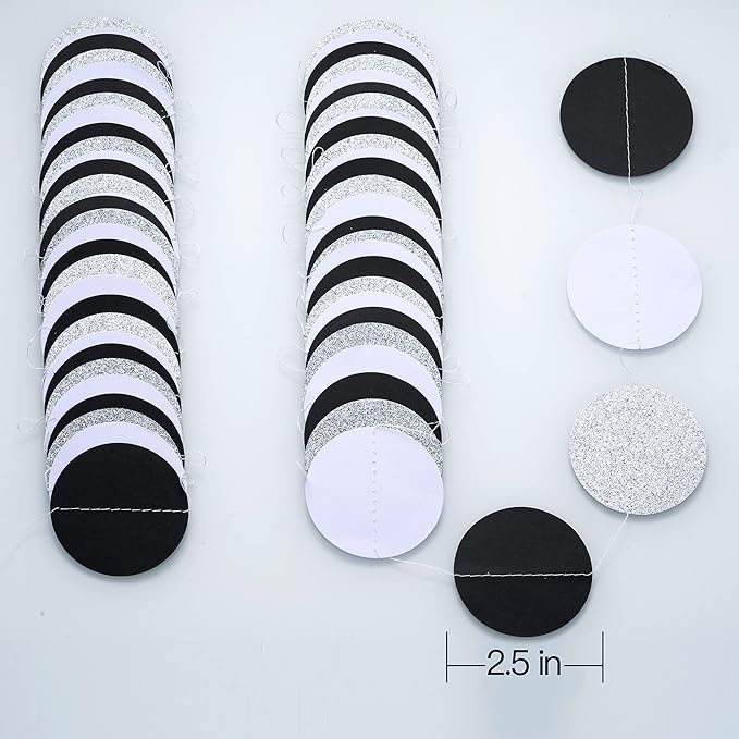 WEVEN Black White Silver Glitter Paper Garland Circle Dot Streamer Banner for Graduation Bridal Shower Wedding Birthday Party Decorations, 2.5" in Diameter, 20 Feet in Total