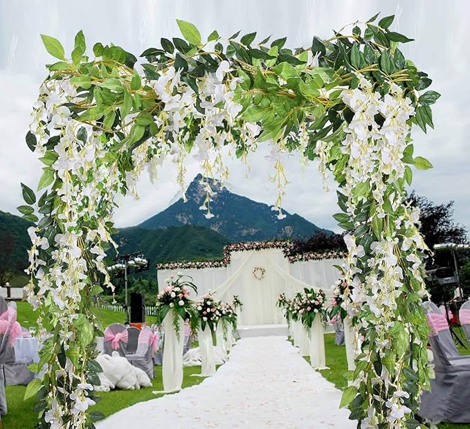 5pack Flower Garland Artificial Wisteria Garland Vines Faux Wisteria Vine Fake Hanging Flowers for Wedding Floral Decor-Total 33ft (White)