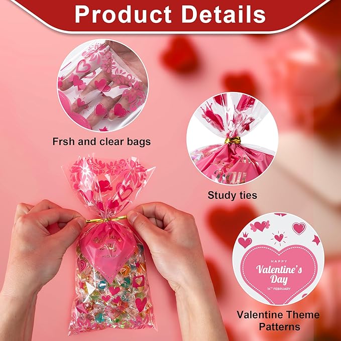 Aegero Valentines Cellophane Bags 120pcs Valentines Candy Bags with 140pcs Twists for Valentine's Candy Cookie Goodie Snack Bag for Valentines Day Wedding Party Favor Supplies,Classroom Parties Valentine02-Red Heart