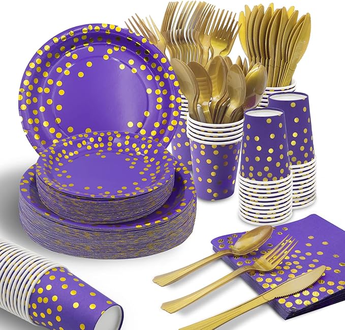 AIRE 350PCS Purple Gold Paper Plates Party Supplies for 50 Guests Party Decorations Disposable Dinnerware Paper Plates Cups Napkins Gold Plastic Forks Knives Spoons for Birthday Baby Shower Wedding