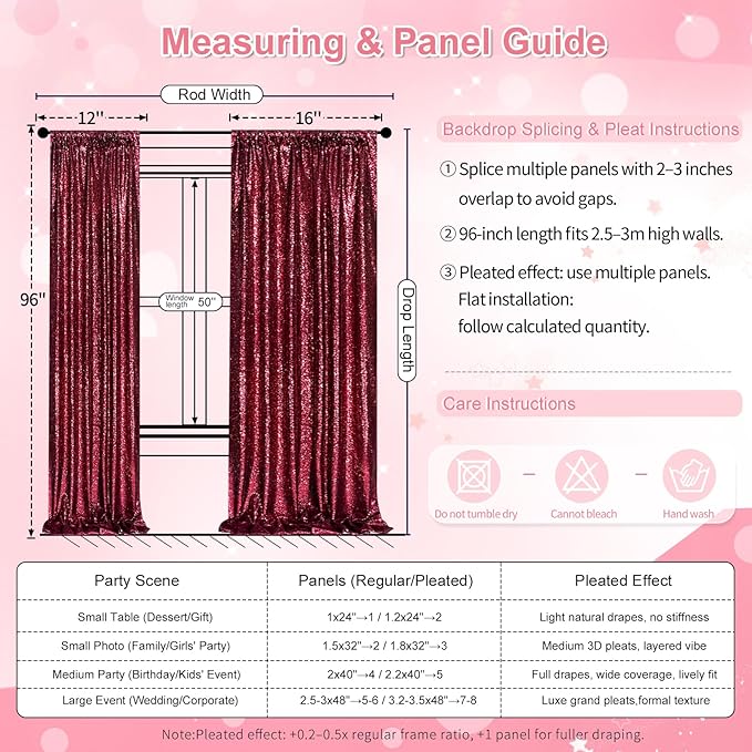 QueenDream Burgundy Red Sequin Backdrop for Wedding - Sequin Curtains 4 Panels 2x8FT Glitter Drapes Fabric for Sparkly Birthday Party Valentine's Day Decorations