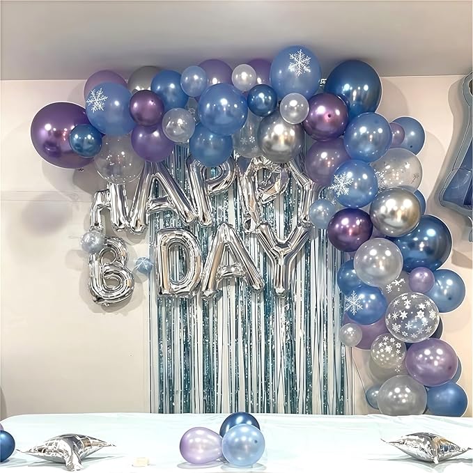 Snowflake Balloons Set, 60Pcs 12 Inch Pastel Blue Light Purple Metallic Silver Balloon with Transparent Snowflake Confetti Balloons for Ice Snow Theme Party Winter Birthday Party Decorations